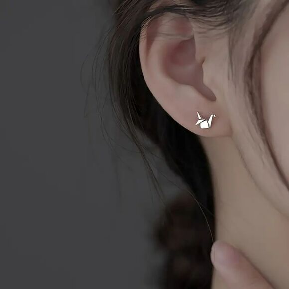 "Zoe" Folded Paper Crane Minimalist Stud Earrings - Picture 3 of 3